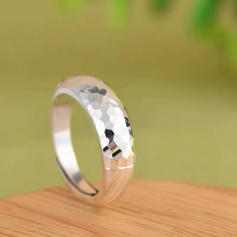 1pc 999 Sterling Silver Hammered Faceted Open Ring, Minimalist & Shiny Style, Perfect For Daily, Dating & Gifting, Ideal Valentine's Gift