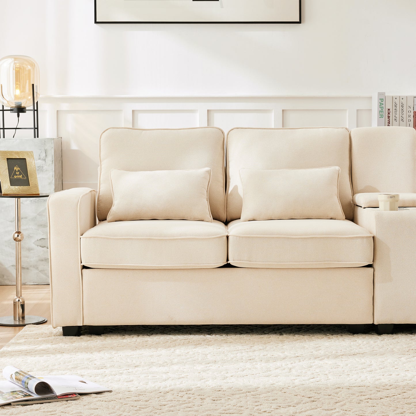 Modern 4 Seater Sofa In Linen Fabric With Console, 2 Cup Holders, 2 USB Ports For Charging With Cable, With Armrest Pockets And 4 Cushions, Simple Sofa For Living Room, Apartment, Office