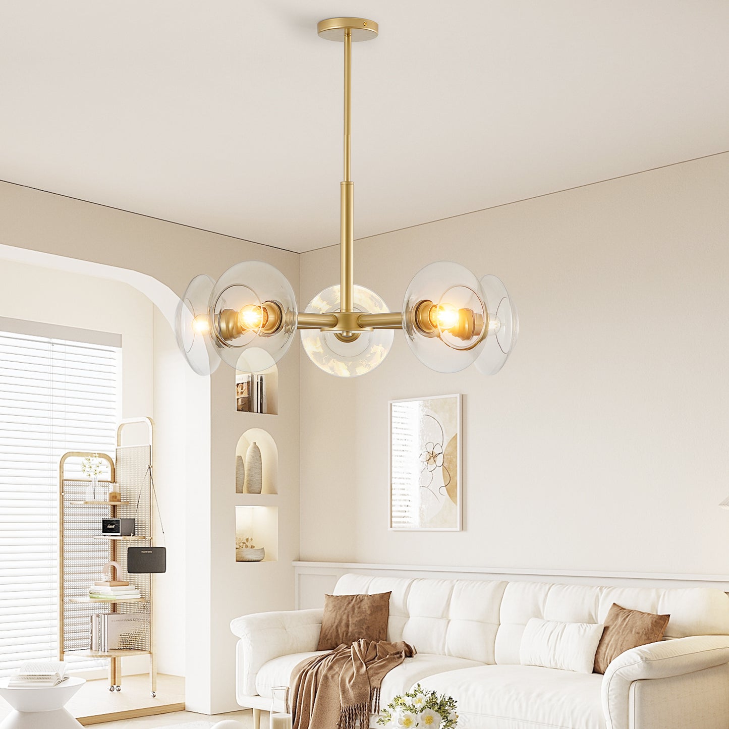 26 Modern Gold 5-Light Sputnik Chandelier With Clear Glass Shades, Mid-Century Hanging Pendant Light Fixture For Dining Room, Living Room, Or Kitchen Bulb Not Included