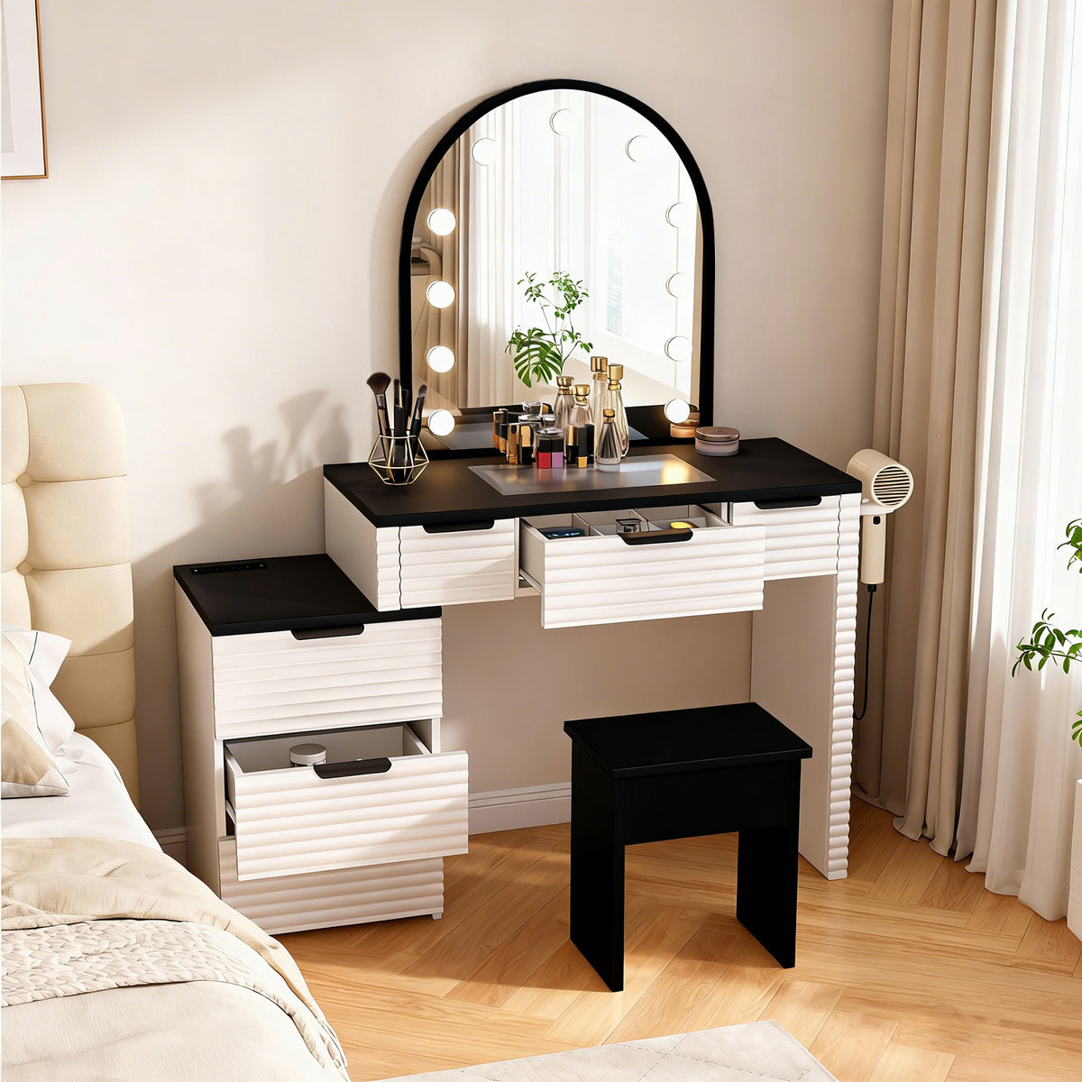 Modern Vanity Desk Chair Set With Mirror Light Fashionable 3 Lighting Modes Adjustable Makeup Table With Glass Top Power Outlet And 6 Drawers For Home Bedroom Salon