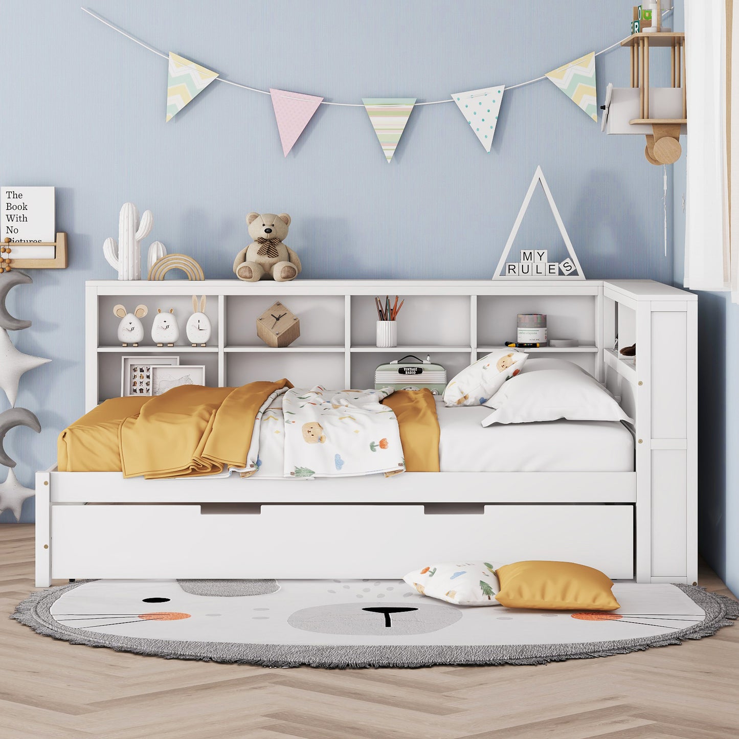 Wooden Full Size DayBed With Twin Size Trundle, DayBed With Storage Shelf And USB Charging Ports,White