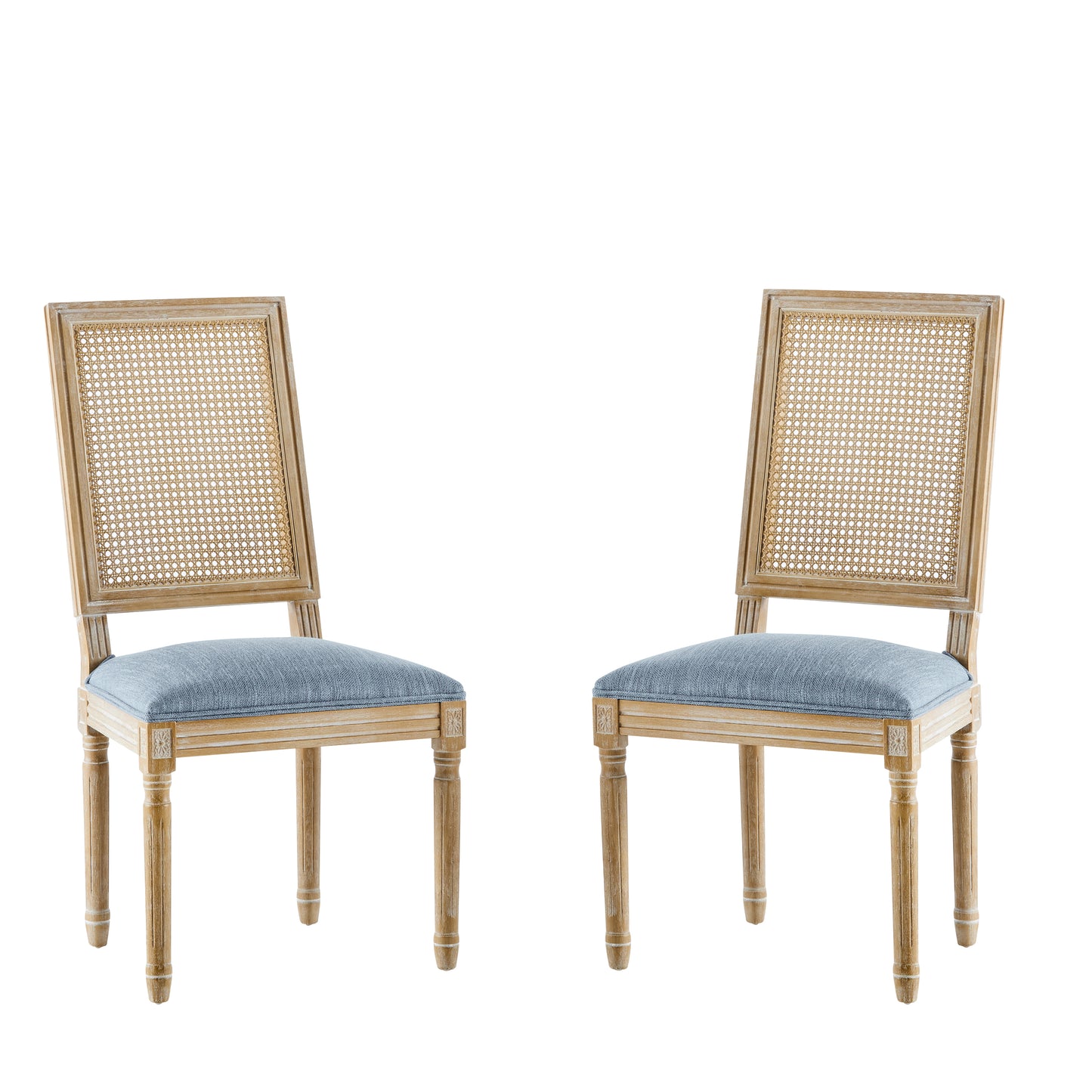 French Country Dining Chairs - Elegant Cane Backrest & Upholstered Seats With Fluted Legs - Rustic Weathered Finish - Solid Rubberwood Frame - Vintage Inspired Kitchen & Dining Room Chairs