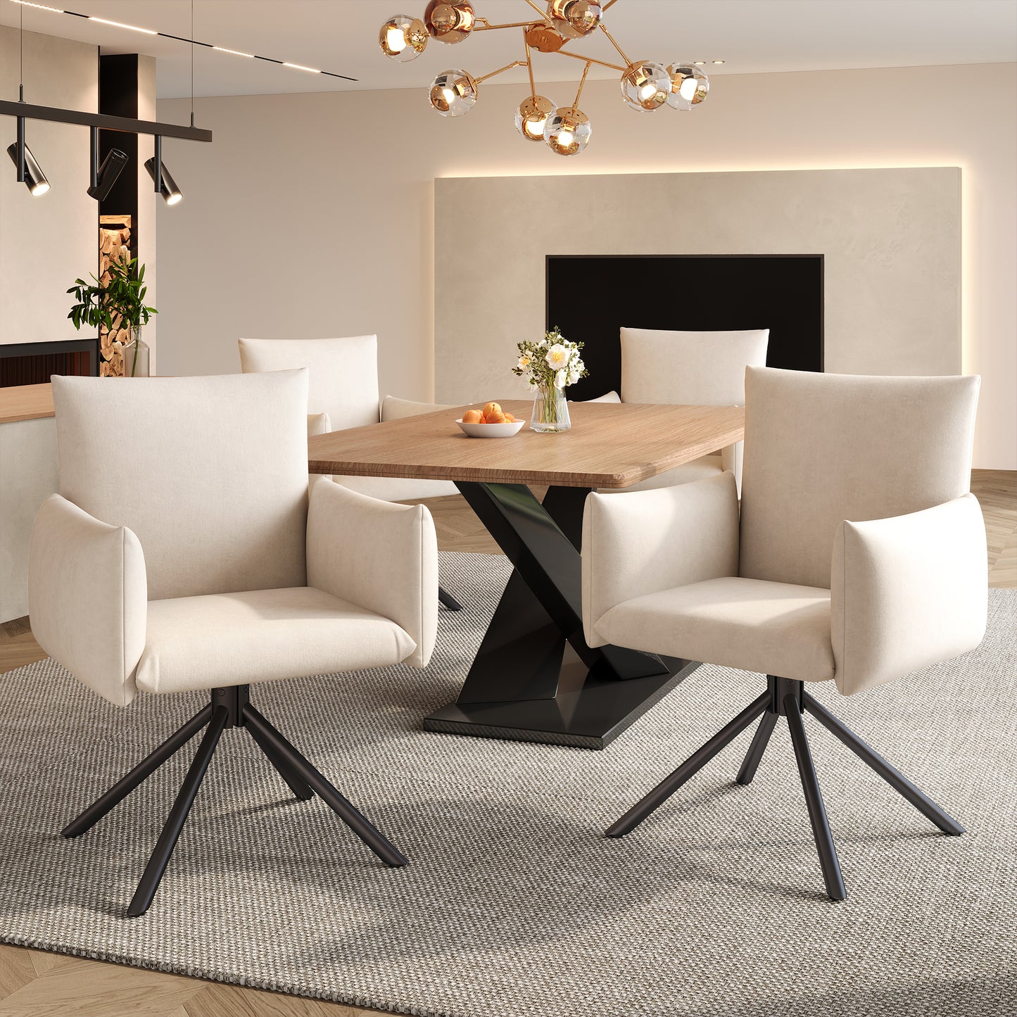 Set Of 6 Dining Chairs, Upholstered Armchair With 4 Metal Legs, 360 Casual Swivel Chair, Living Room Bedroom Chair, Work And Desk Chair, Lumbar Support, Velvet, Beige