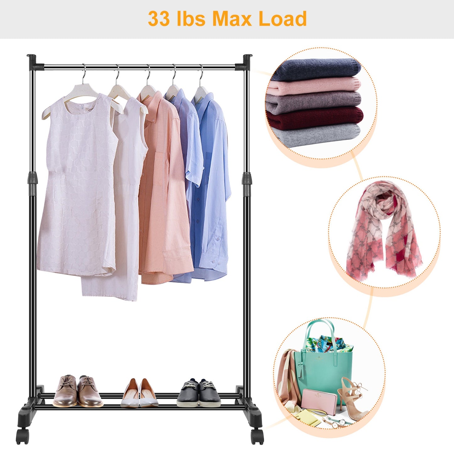 15kg 33lbs Garment Racks 3.12ft To 4.80ft Height Adjustable Clothes Stand Foldable Clothes Hanger With Wheels Storage Shelf For Dormitory Home