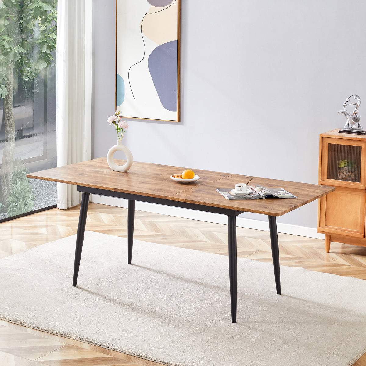 Rectangular Dining Table 190.5cm-150cm, Wood Effect Surface, Metal Legs, Kitchen Table For 6-8 People, Modern Industrial Style
