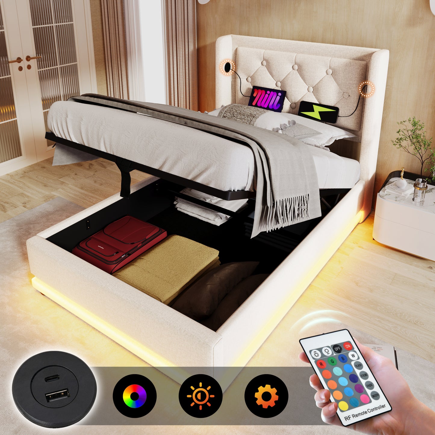 Upholstered Bed Single Bed 90x200 Cm, Beige Cotton Material Hydraulic Storage Bed, Upholstered Headboard With USB Type-C Charging Function, 3-Sided LED Function Without Mattress