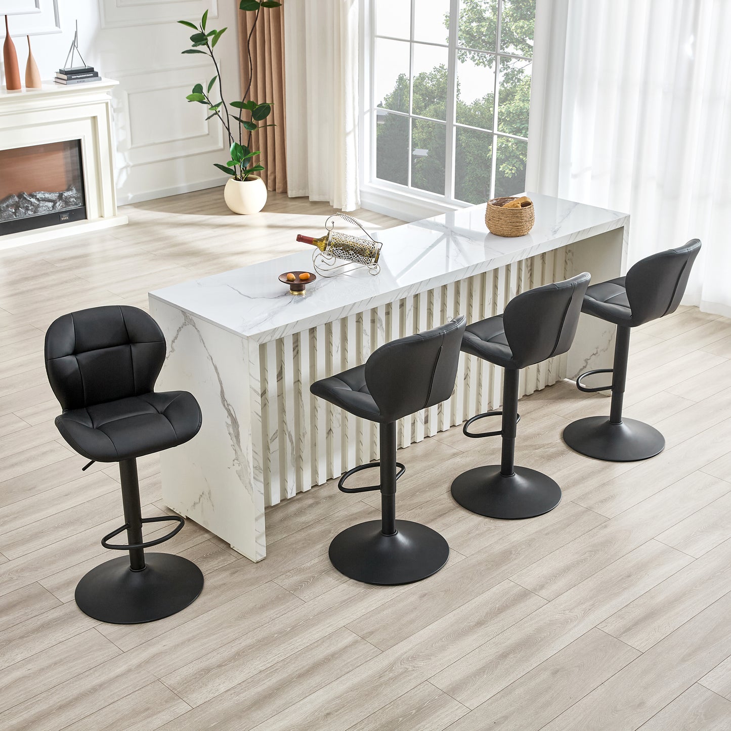 Set Of 2 Height Adjustable Bar Stools, Black PU Upholstered Tufted Back Chairs With Black Metal Base & Footrest For Kitchen Island, Bar, Pub