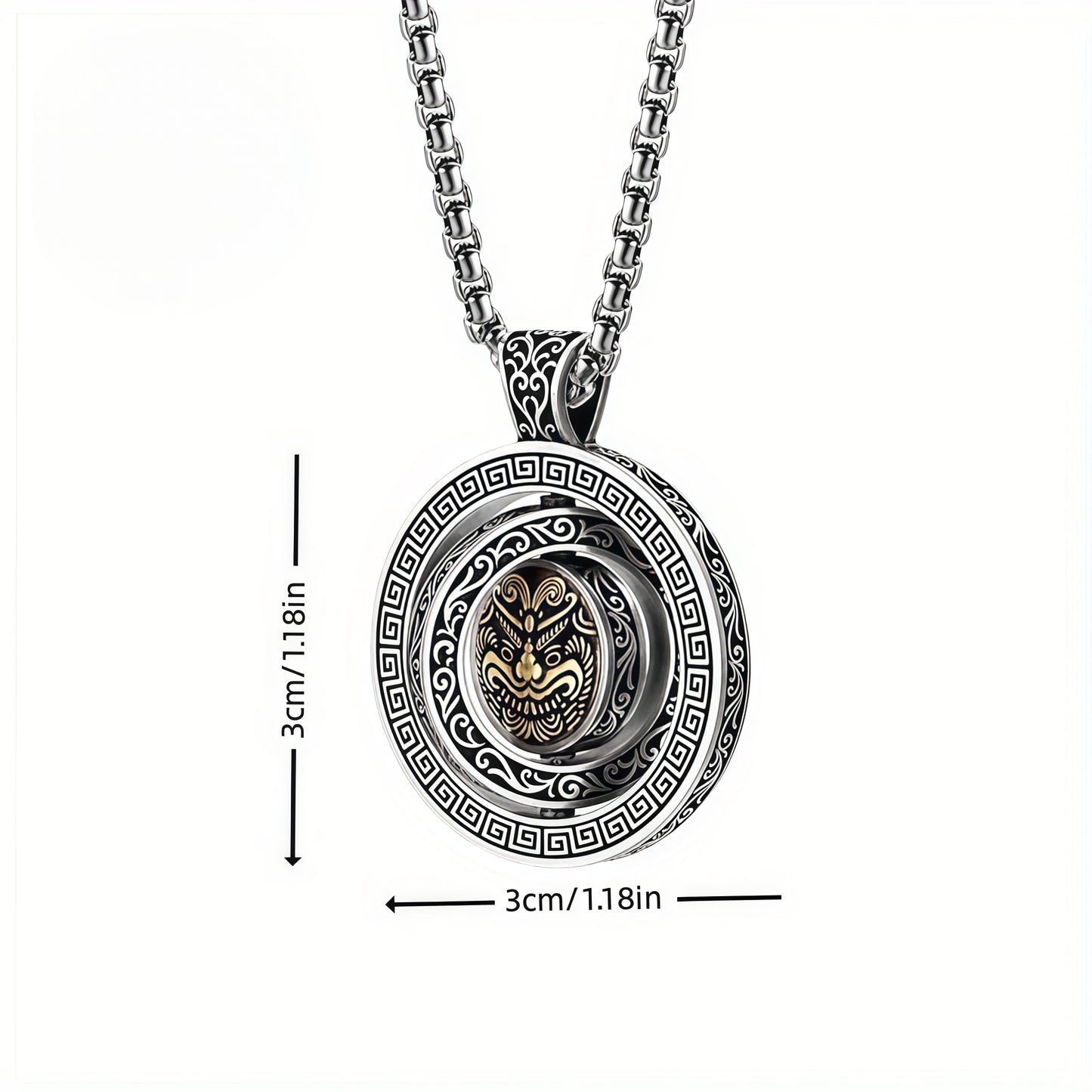 Vintage Rotatable Lion Spinner Necklace, Copper Silver Plated Traditional Oriental Amulet Pendant Gift For Men
