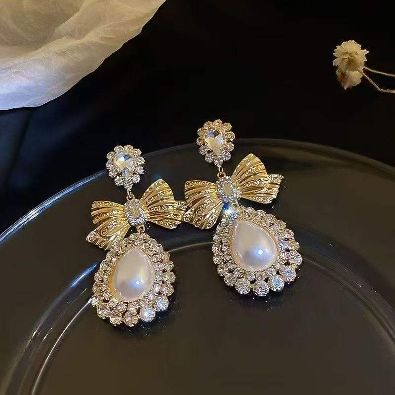 Korean Elegant Pearl Bow Drop Earrings For Women, Water Drop Vintage Palace Celebrity Style Light Luxury Fashion Stud Jewelry