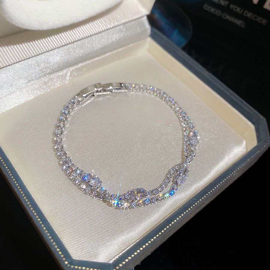 18K Gold Plated Minimalist Double Layer Round Zircon Bracelet Luxury Elegant Bangle Premium Fashion Wrist Jewelry