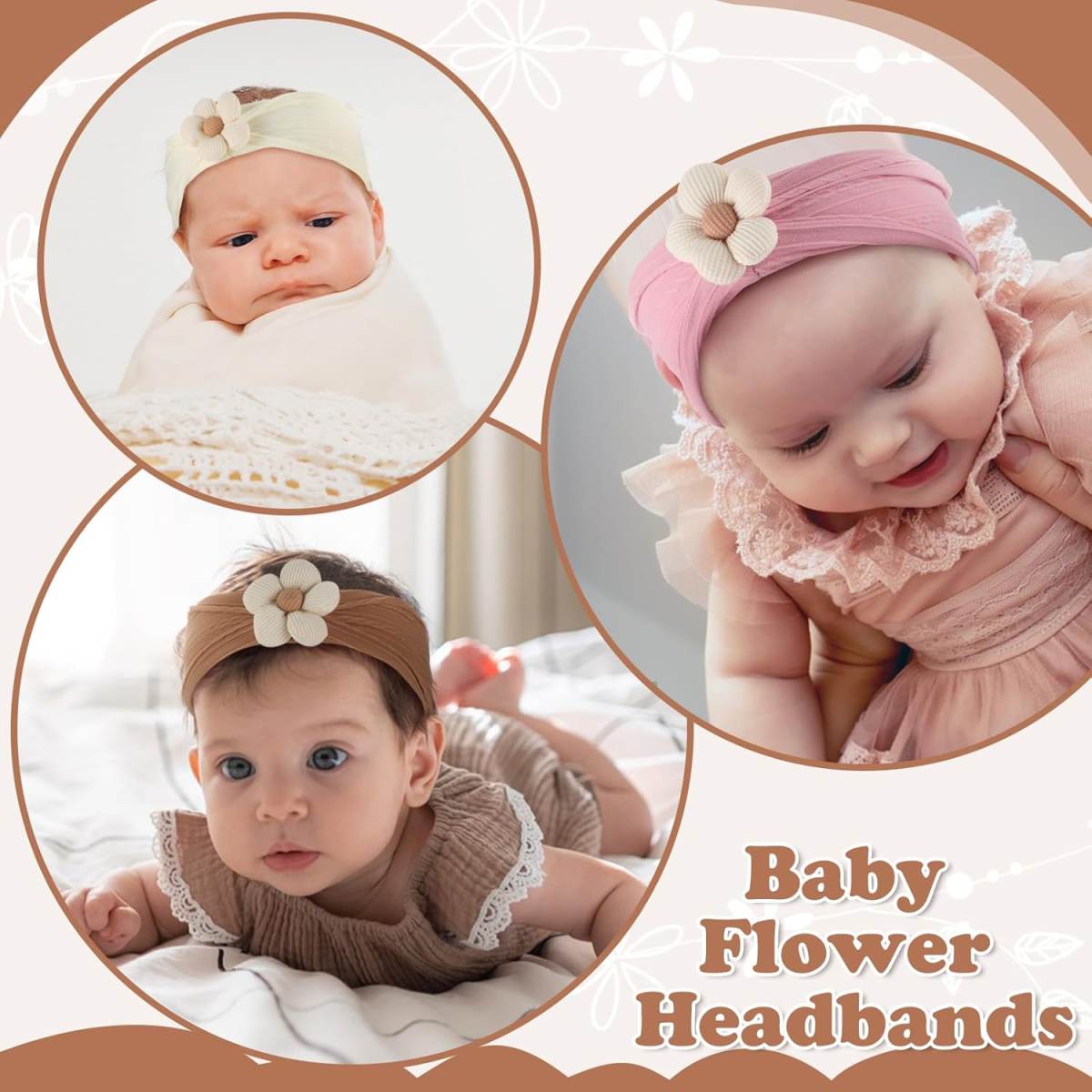 Soft Nylon Baby Flower Headbands For Newborns, Infants & Toddlers Cute Hair Accessories For Girls Beige, Pink, Khaki