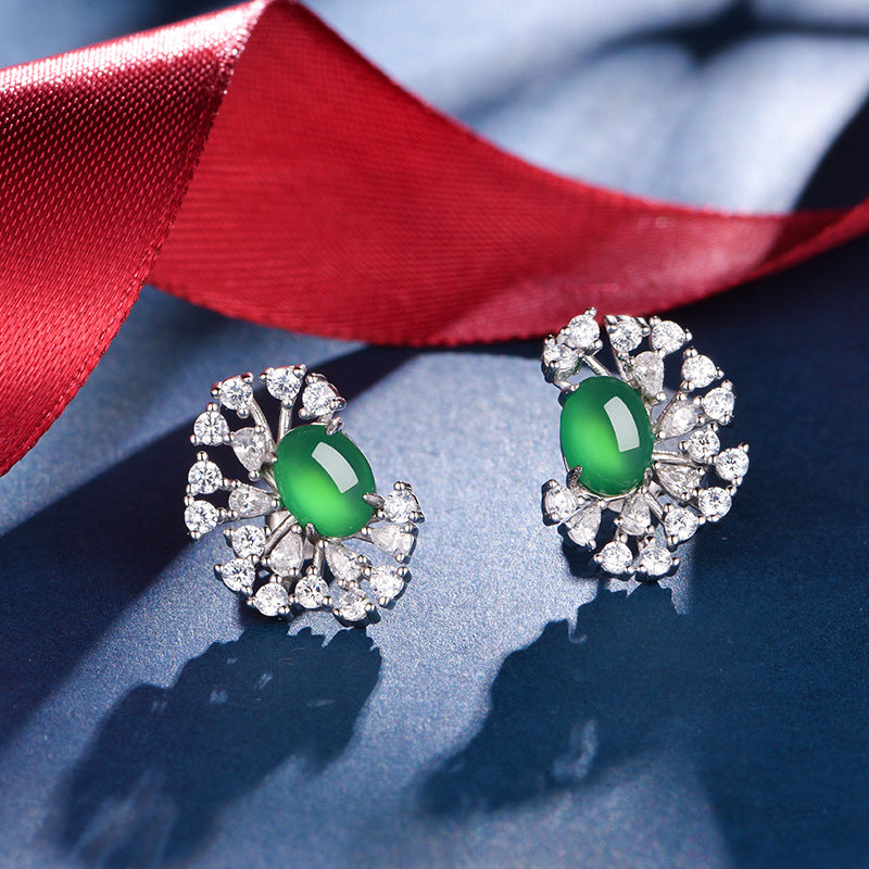 S925 Sterling Silver Sunburst Halo Stud Earrings, 8x6mm Oval Green Chrysoprase, Platinum Plated 4.7g, Elegant Women's Fine Jewelry Gift Box Set