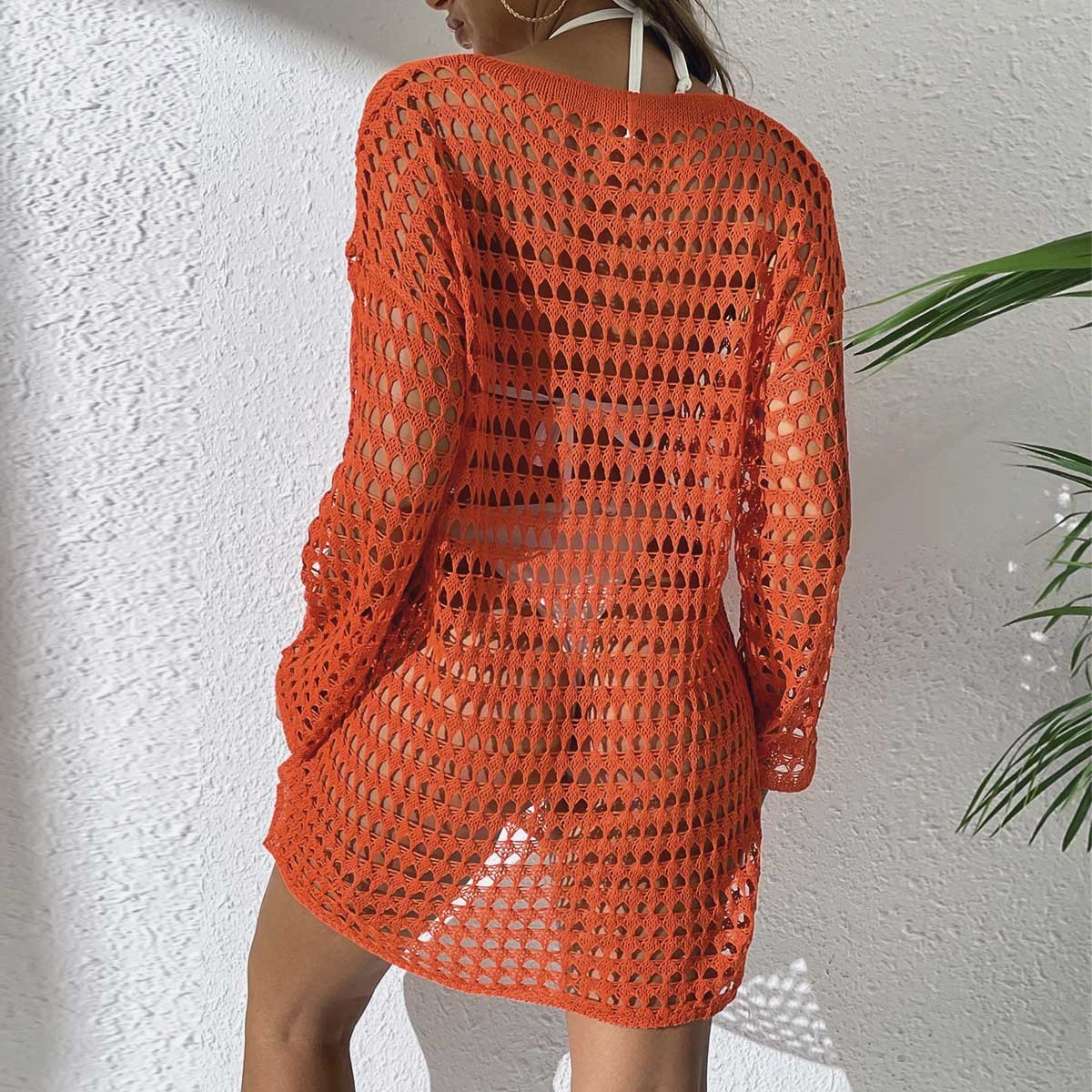 New Summer Women Knit Hollow Out Beach Dress, Crew Neck Long Sleeve Pullover Bikini Cover Up For Europe & America