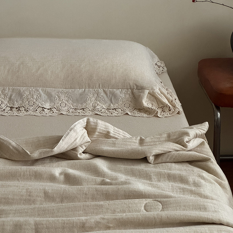 French Herringbone Jacquard Cotton-linen Double Bed Washable Summer Cooling Quilt With Lace Trim