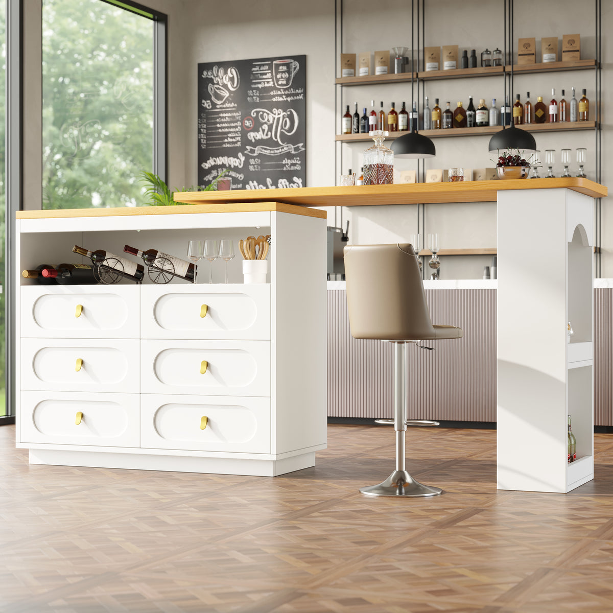 High Quality Extendable Bar Table With 360 Swivel Function And Storage Space, Length Adjustable From 138-203cm, Modern Rolling Bar Table With Drawers For Kitchen, Living Room, Dining Room, Home Offic