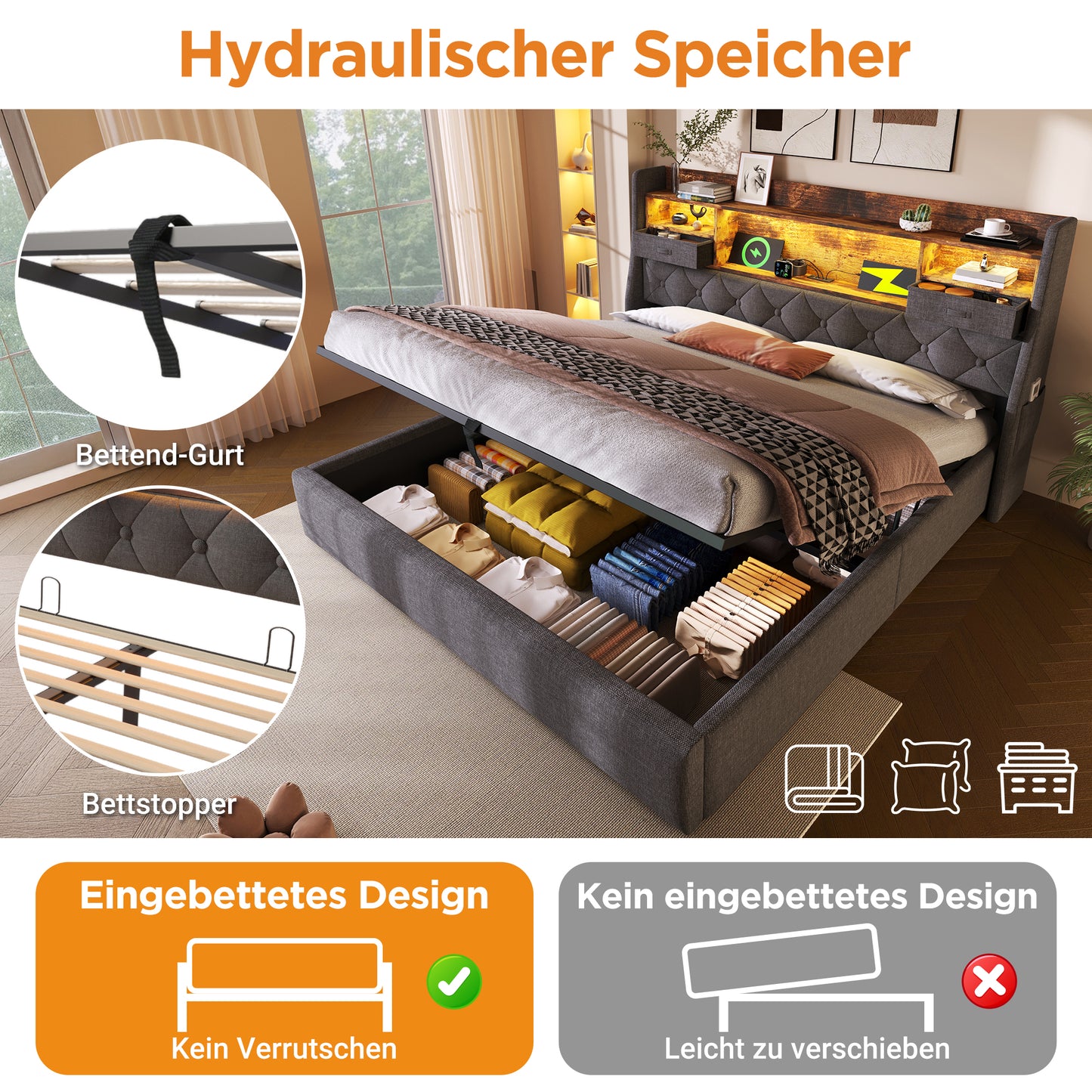 Upholstered Bed 140x200 Cm With Hydraulic Storage Space & LED Headboard, 4 Charging Stations USB Type-C , Double Bed Incl. Slatted Frame, Grey Linen Fabric Without Mattress