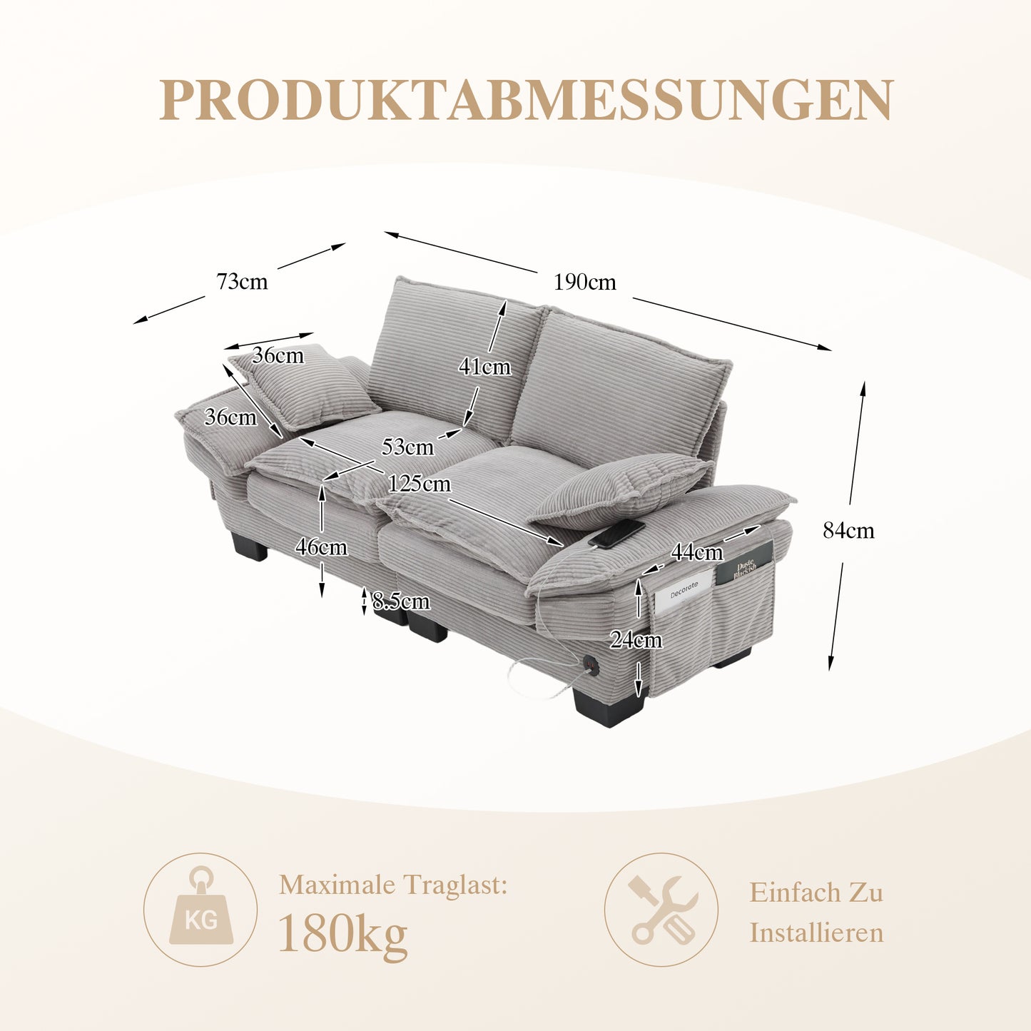 Modular Sofa With Wide Seat Surface For 2 People, Ergonomic Design, High-density Foam Cushioning, USB-C Port And Side Pockets. Ideal For Living Room, Office Or Lounge. Light Gray.