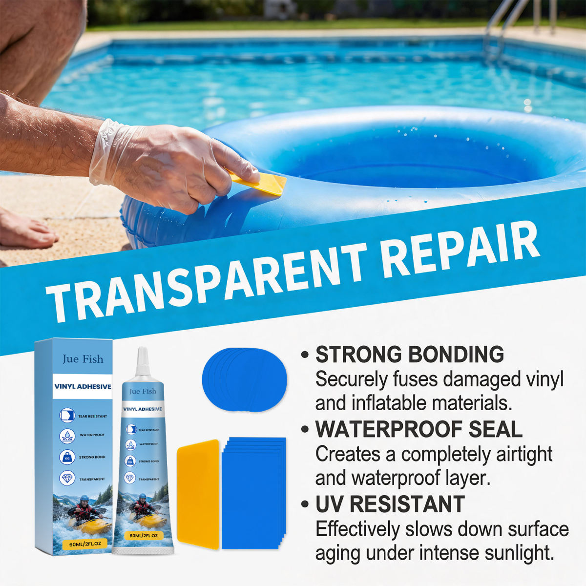 JUEFISH Inflatable Mattress Repair Kit Waterproof, Durable, Portable, Easy-to-Use, Leak Repair Tool Kit For Inflatable Products