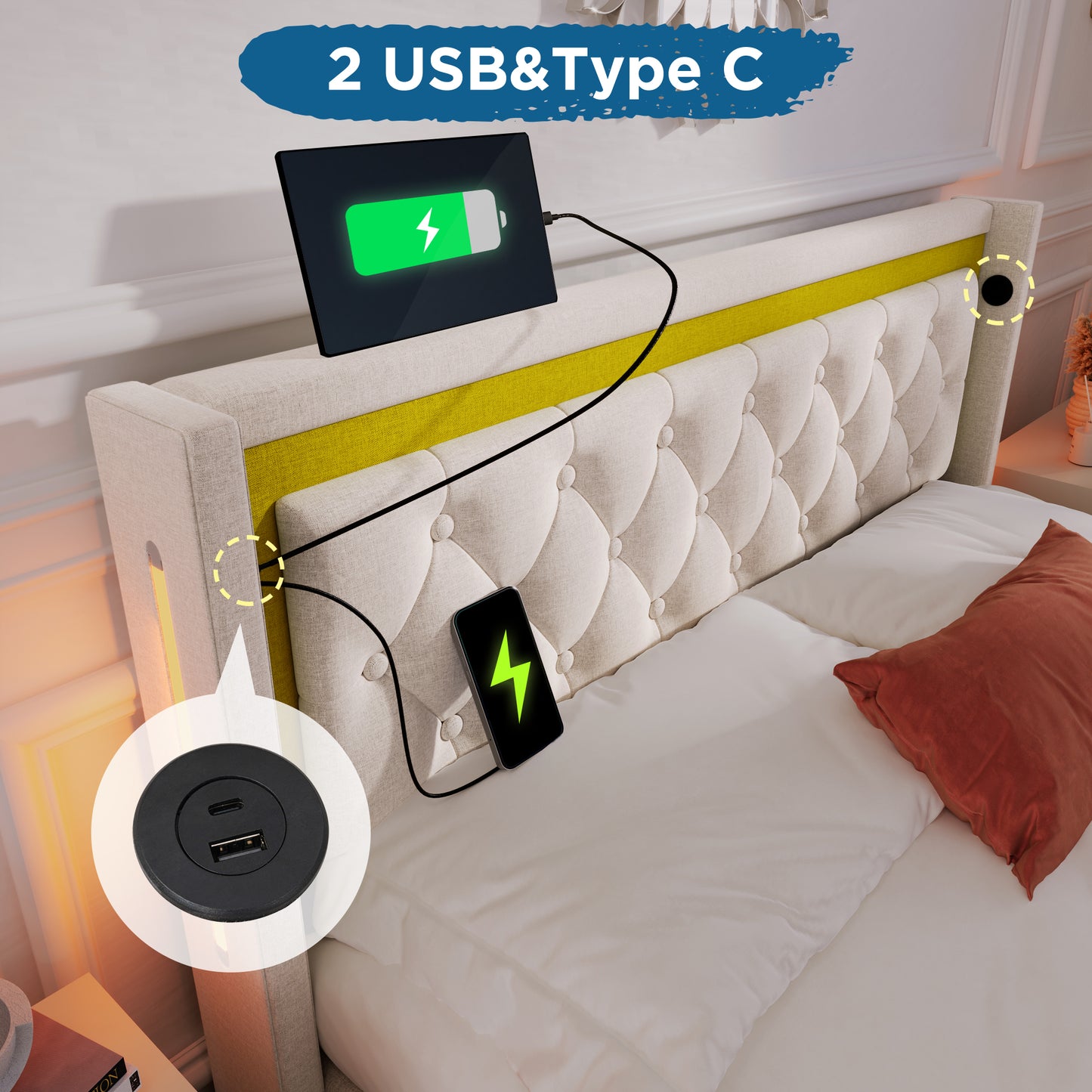 Upholstered Bed LED Double Bed Storage Bed Box With USB Type C Charging Function Headboard,Storage Beds Cotton Bed Frame Youth Bed 160x200 With Slatted Base Without Mattress