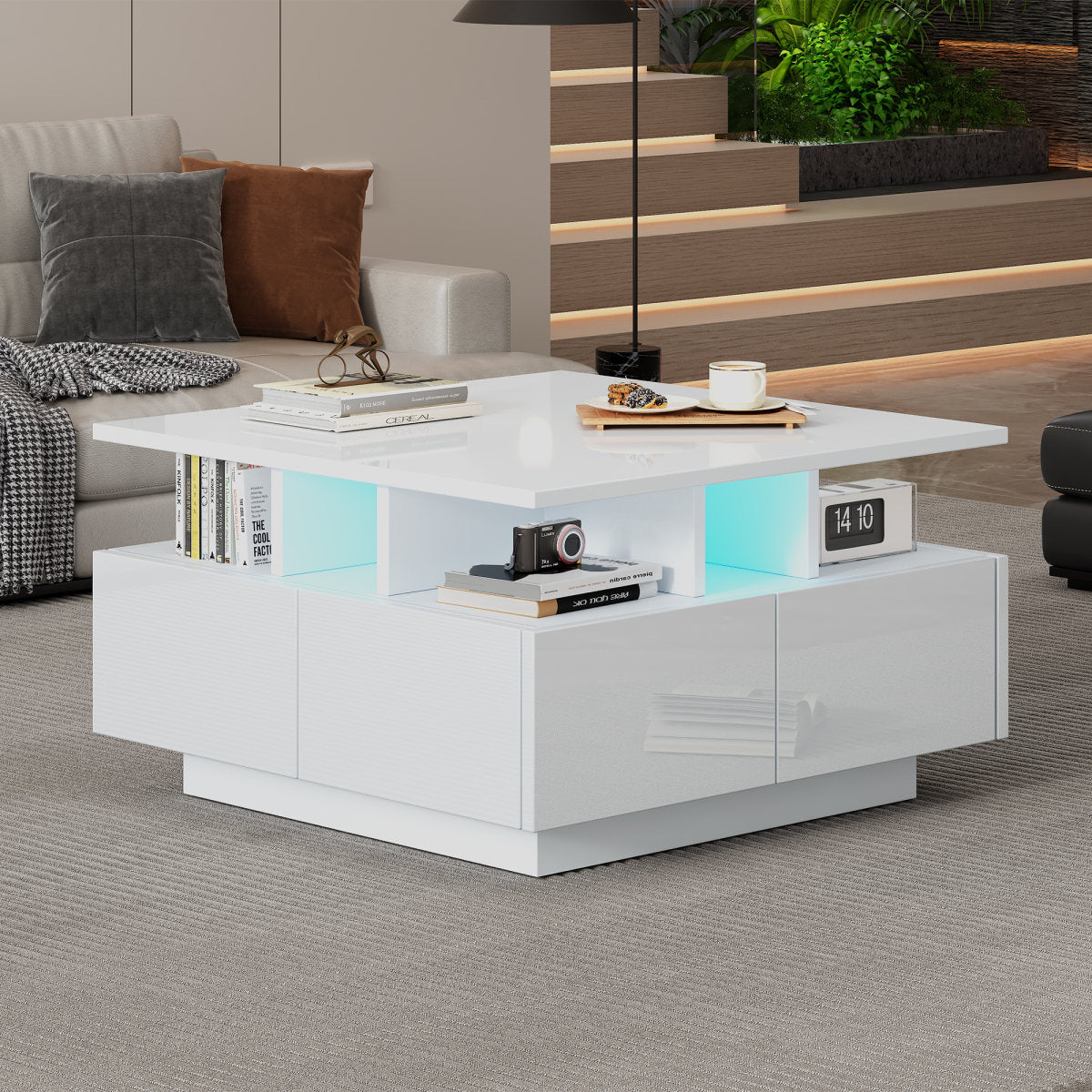 70X70X40cm Living Room Tea Table, High Gloss Coffee Table, Coffee Table With LED Light, Sofa Table With 4 Drawers, Side Table With Geometric Design, White, Total Load Capacity 30kg