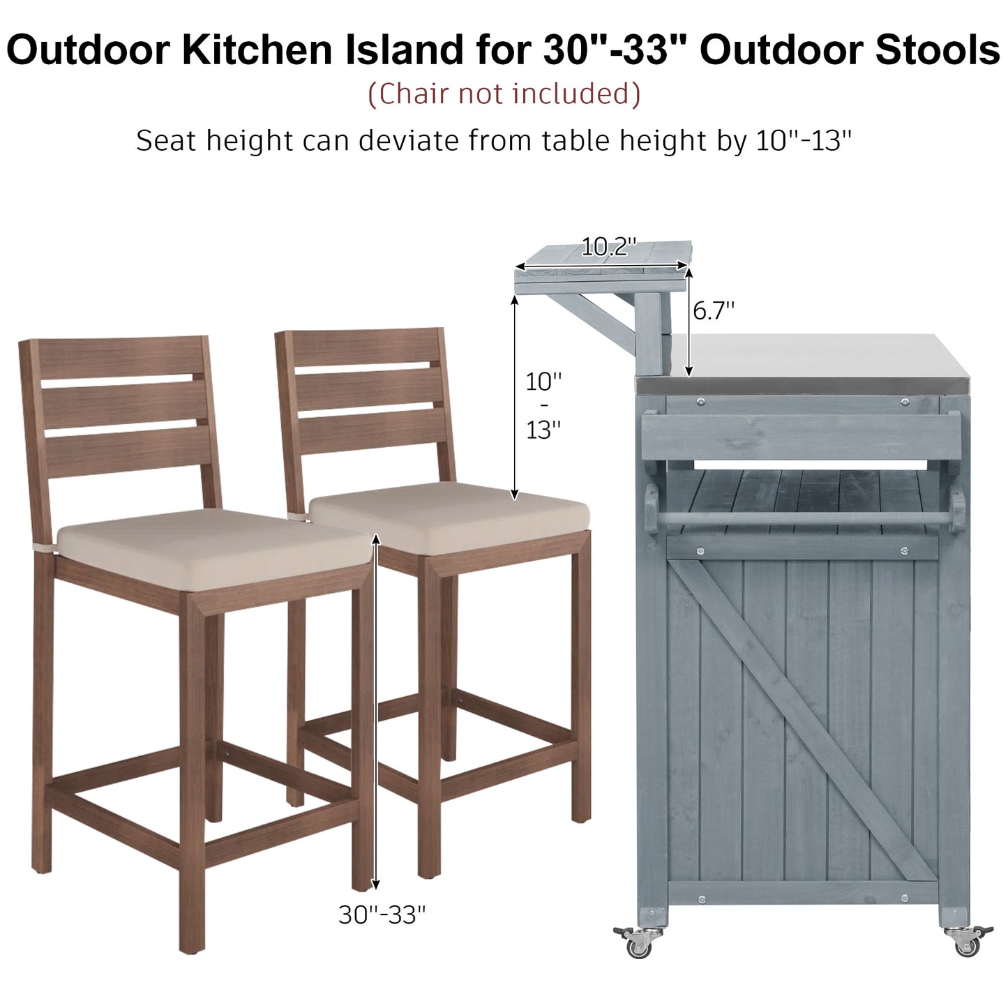 K&K 53.3 Outdoor Kitchen Island With Raised Shelf, Solid Wood Storage Cabinet With Stainless Steel Top, Outdoor Rolling Grill Cart With Internal Storage Rack, Adjustable Shelf, Spice Rack, Grey Blue