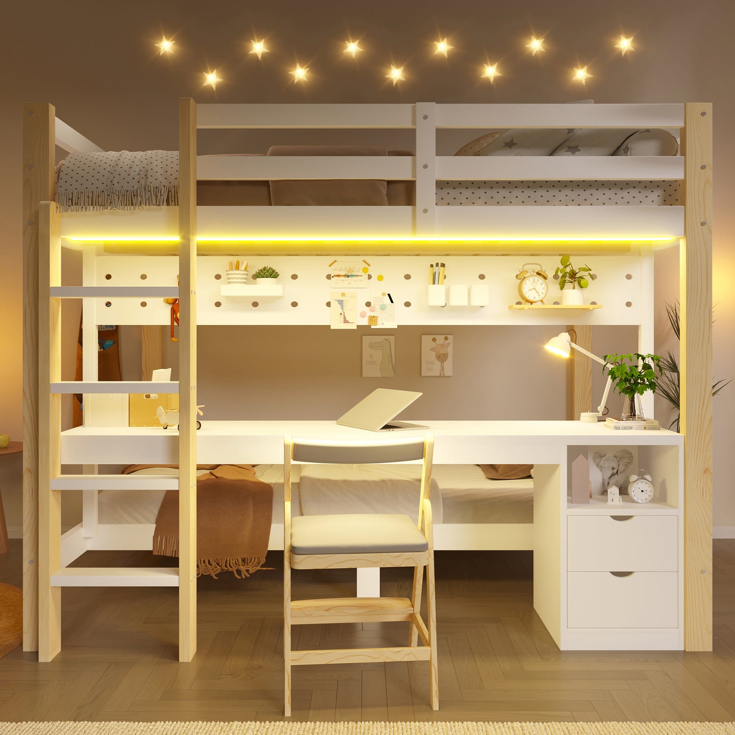 Loft Bed, 90x200 Cm And 140x200 Cm, Pinewood, With Drawers And Desk, Equipped With Perforated Plate Hanging Device, Including LED Light Strip, Without Mattress