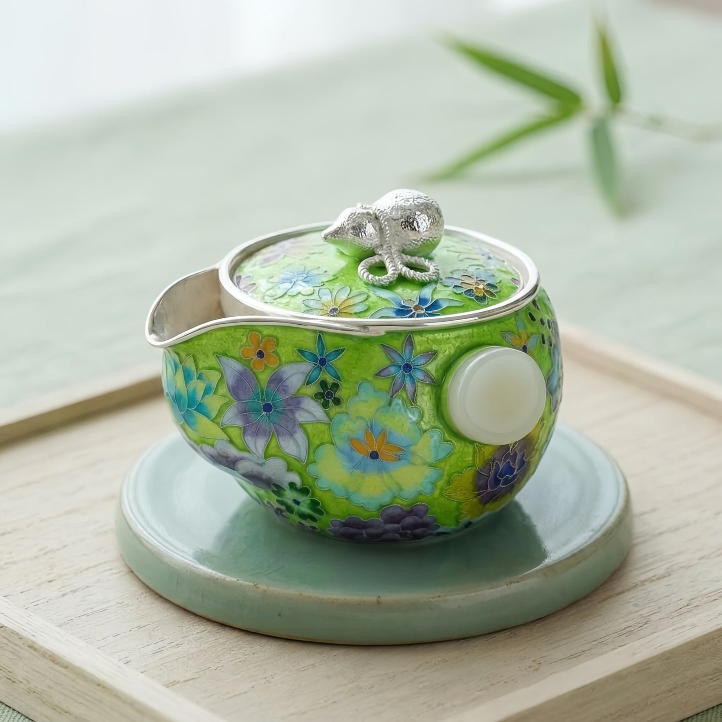 925 Sterling Silver Enamel Teapot with Floral Design and Mouse Finial-Fine Indigo Tea Dispenser - Handicraft