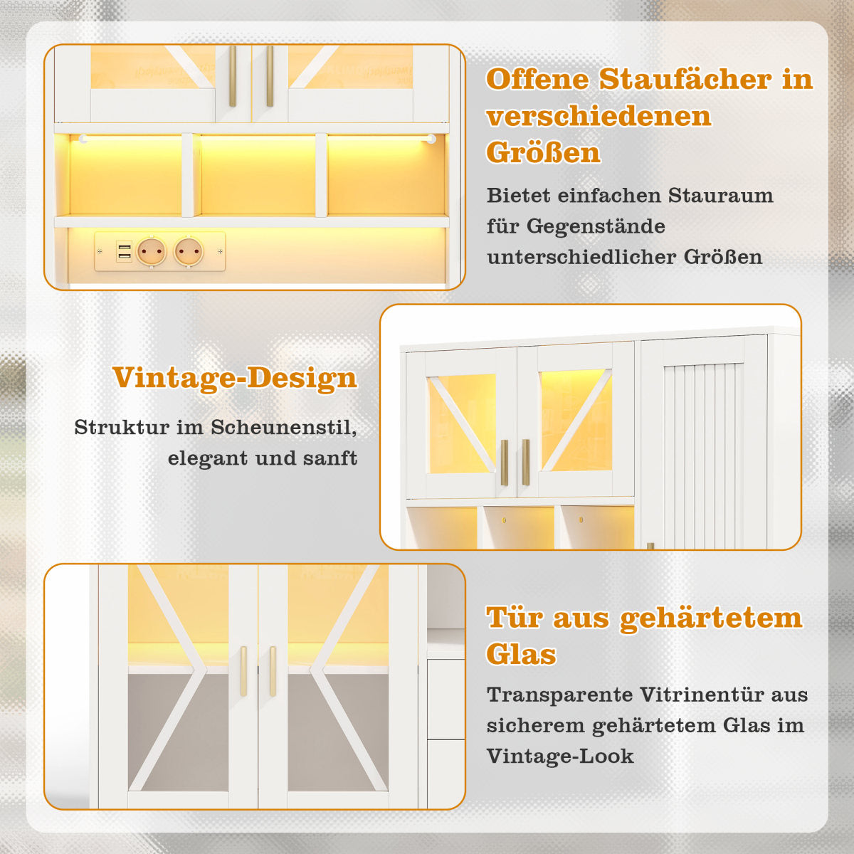 Barn-style Kitchen Cabinet, High Storage And Display Cabinet With Adjustable Shelves, Drawer, Color-changing LED Lighting And Sockets, 185 X105 X40 Cm.