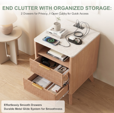 A Carved Bedside Cabinet With Charging Port, A Double-drawer Open Shelf Bedside Cabinet With Marble Countertop
