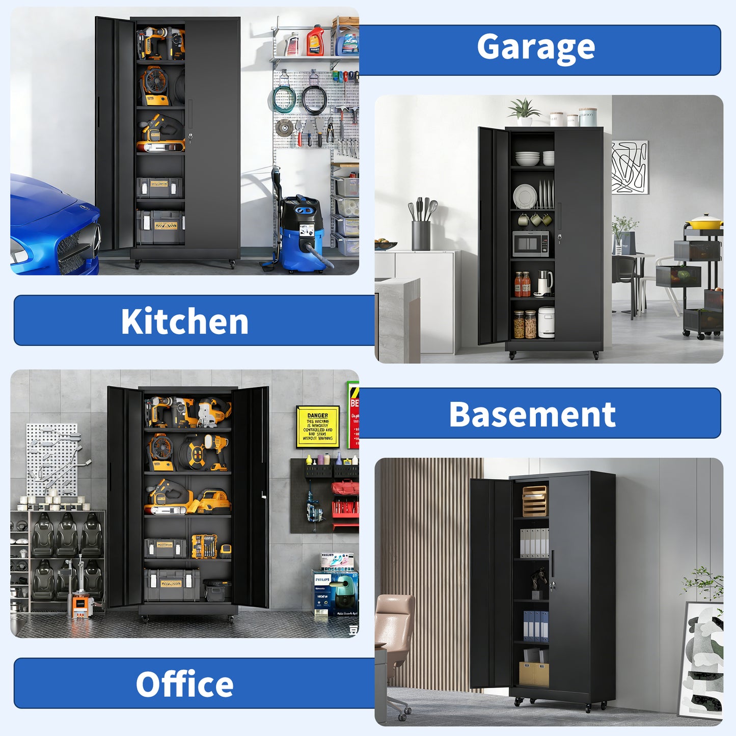 Garage Storage Cabinet With Wheels And Lock, 71 Inch Heavy Duty Rolling Metal Cabinet, 4 Adjustable Shelves 180lb Each , 3-Point Locking Security, For Tool Organization In Garage, Workshop, Office