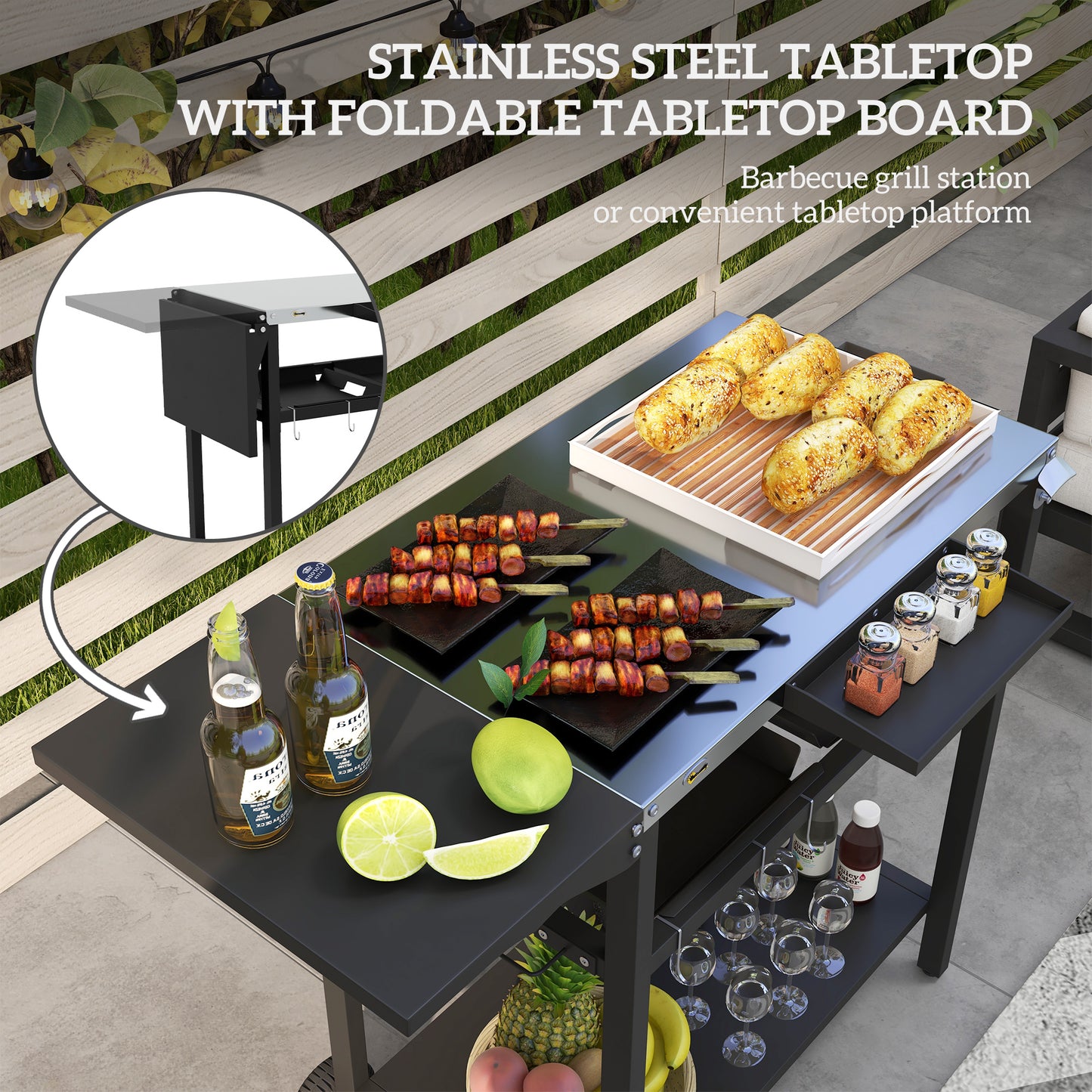 2-Tier Shelf Outdoor Bar Cart, Stainless Steel Tabletop Patio Serving Cart With Accessories For Poolside, Garden, Black