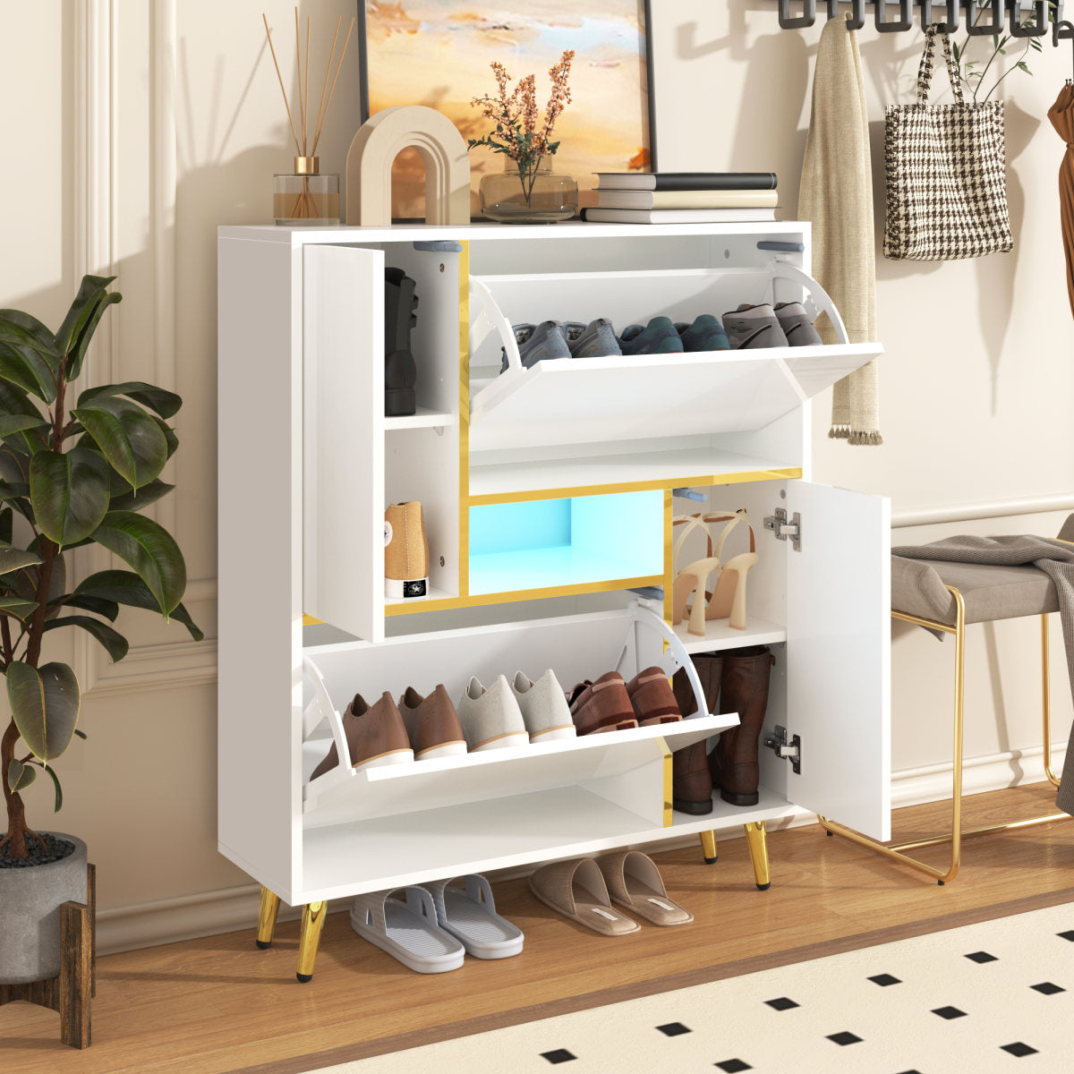 Modern Shoe Cabinet, White Shoe Cabinet With High-gloss Front And 16-colour LED Light 80 X 25 X 96 Cm