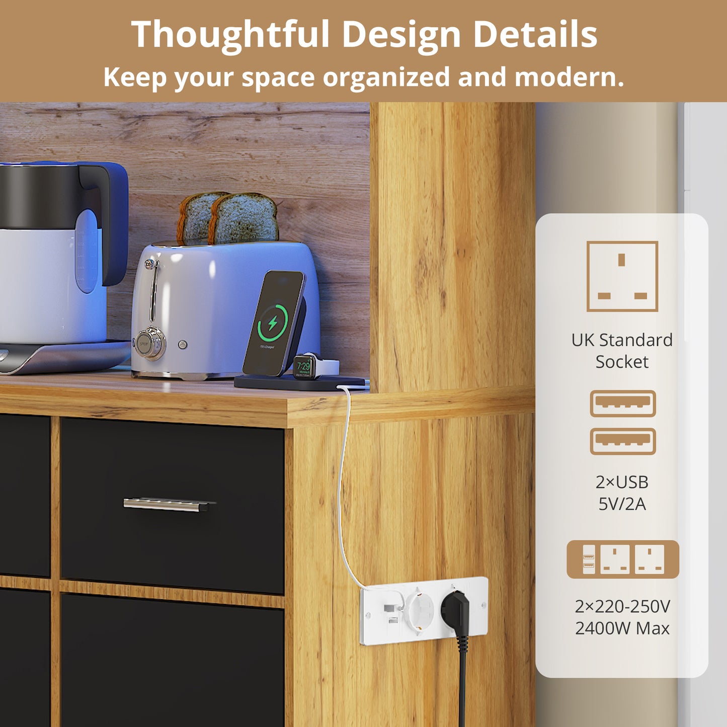 100x40x180cm, Kitchen Tall Cabinet, Pantry, Buffet Cupboard With LED App Controlled, Drawers, Adjustable Shelves, And Charging Station, For Kitchens And Dining Rooms