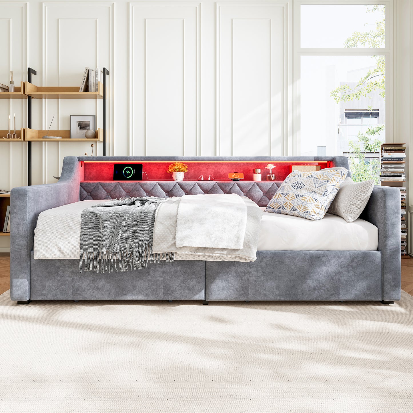 Upholstered Bed, 3FT Single Bed 90x190cm, Daybed Sofa Bed, With Light Strip, Charging Port, 1 Type A -1 Type C, 2 Drawers On Wheels, Youth Bed, For Adults & Teenagers, Easy Assembly, Velvet, Grey