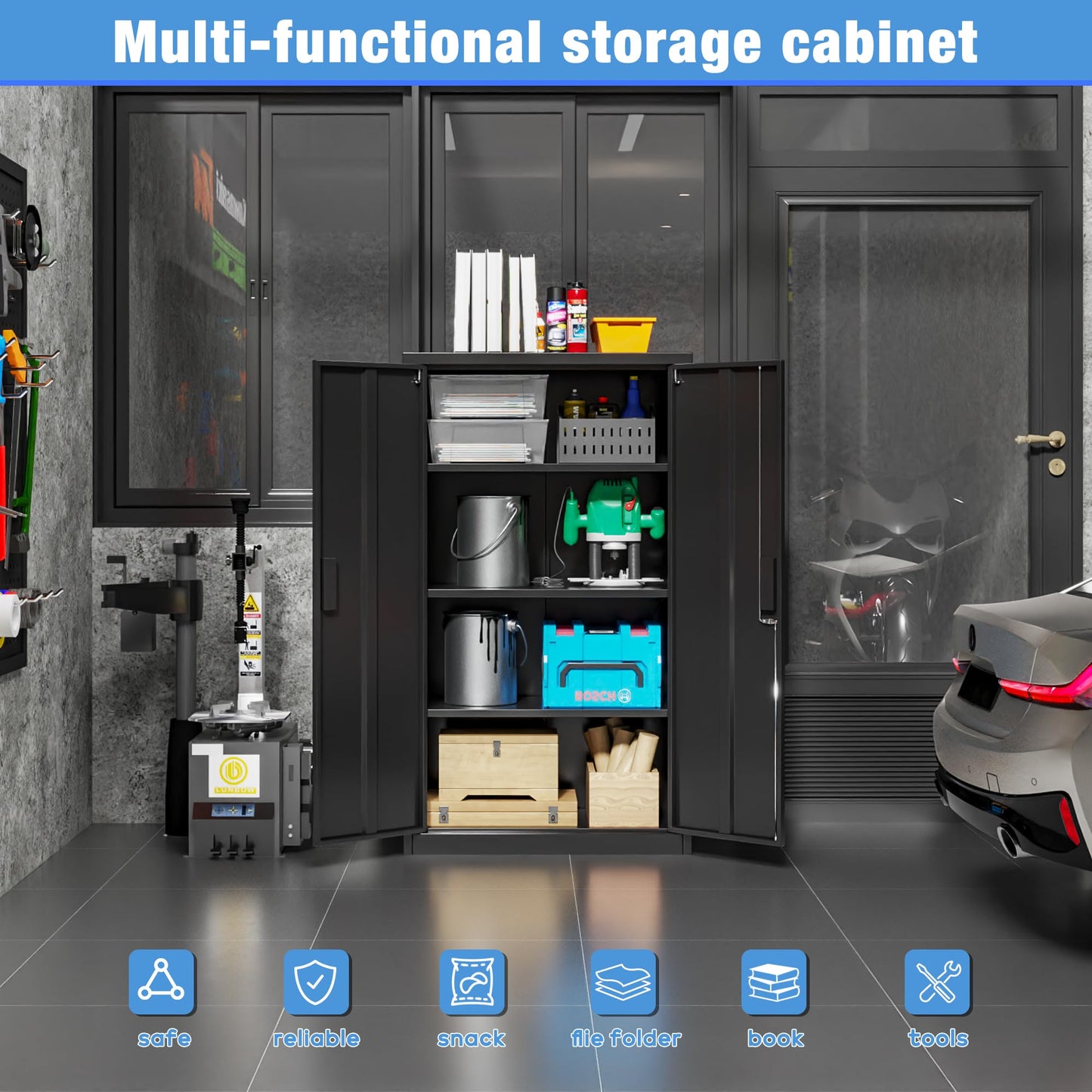 Metal Garage Storage Cabinet, Lockable Steel Storage Cabinet With 3 Adjustable Shelves For Garage, Office, Home, Assembly Required, Black