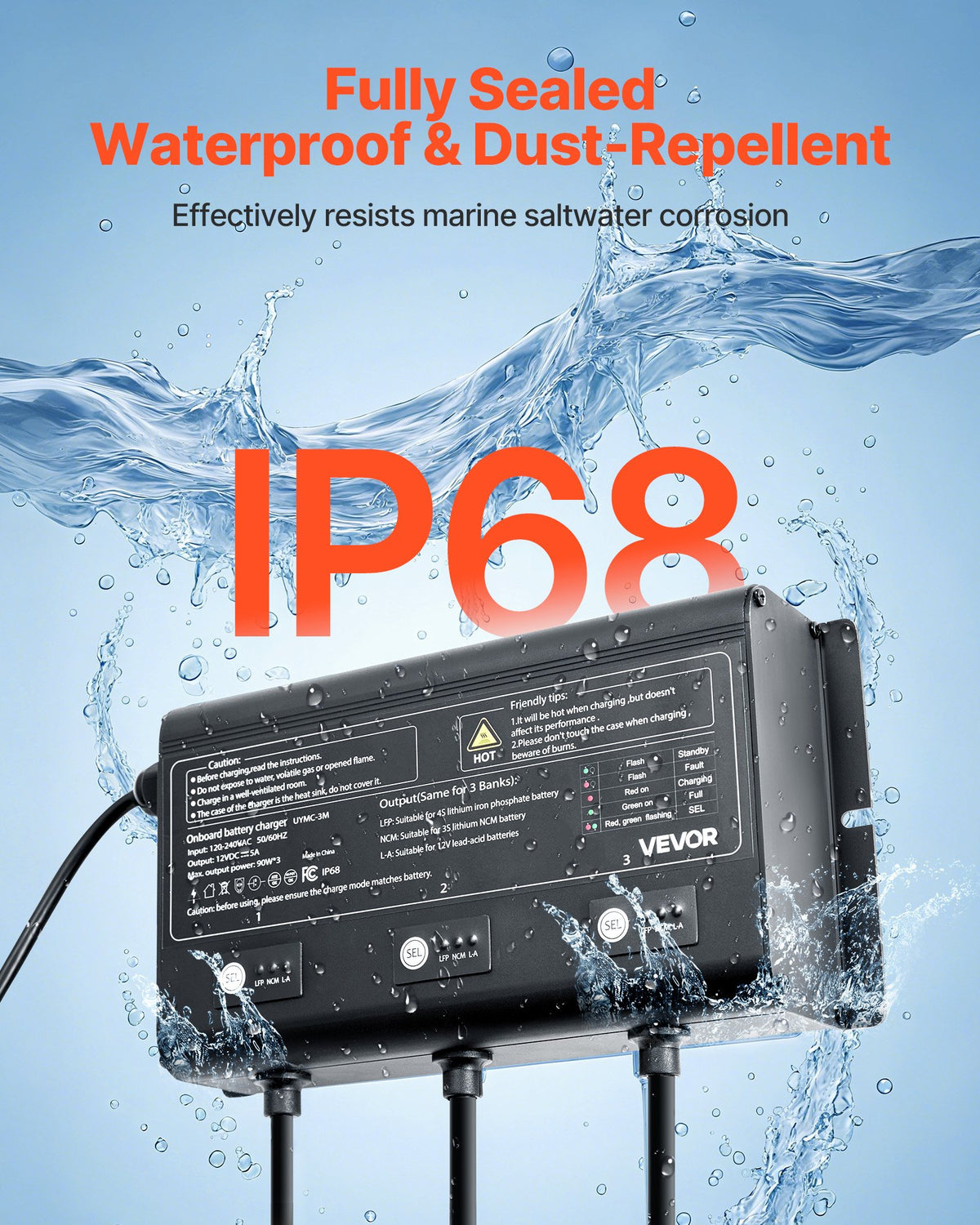 3-Bank 5A 12V Smart Marine Battery Charger Onboard IP68 Waterproof Boat RV Yacht