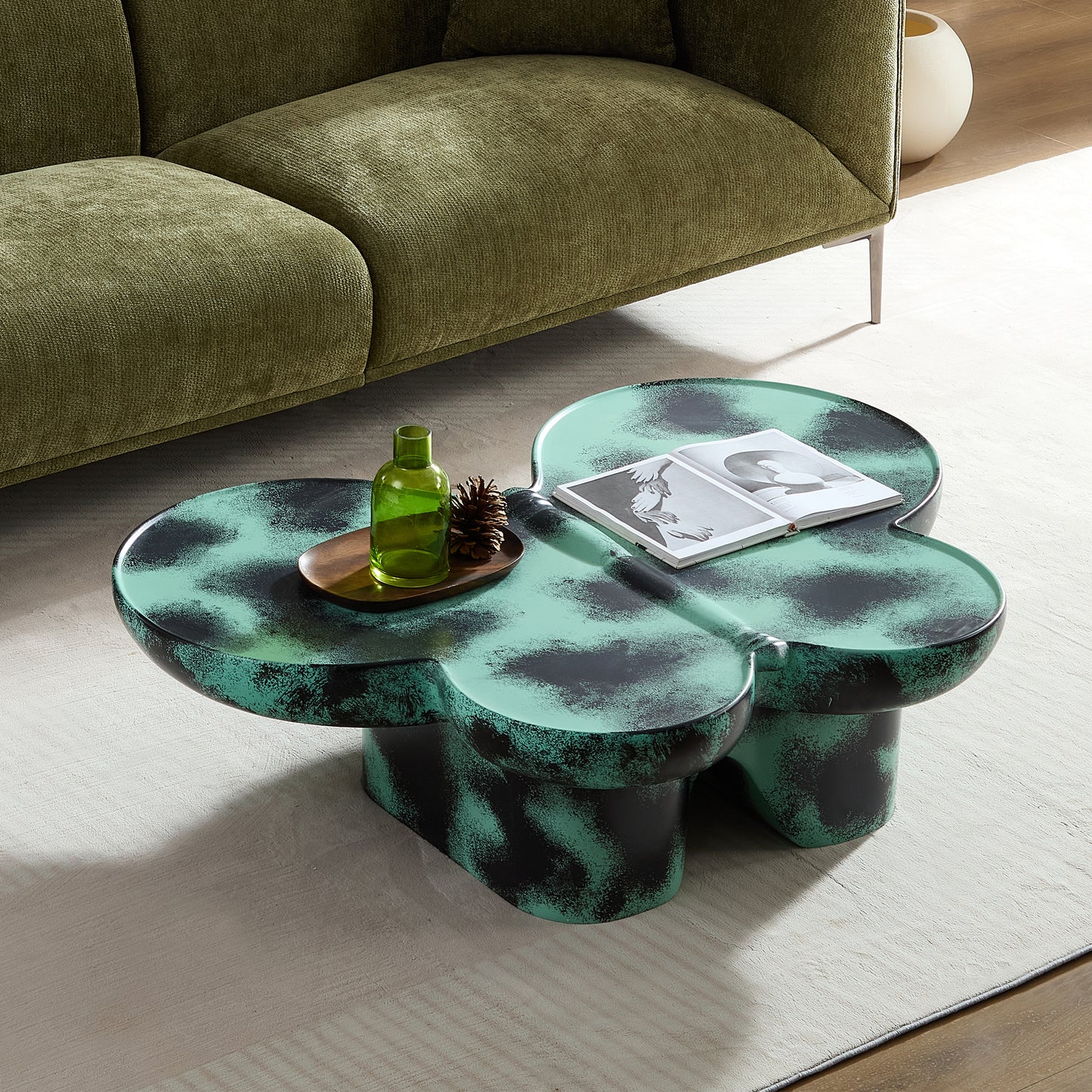 Modern Coffee Table Faux Travertine Textured For Livingroom Office,Green Black