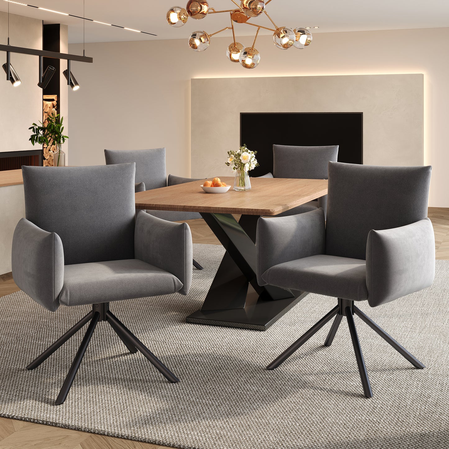 Two Dining Chairs Set, Upholstered Armchair With 4 Metal Legs, 360 Casual Swivel Chair, Living Room Bedroom Chair, Work And Desk Chair, Lumbar Support, Velvet, Gray