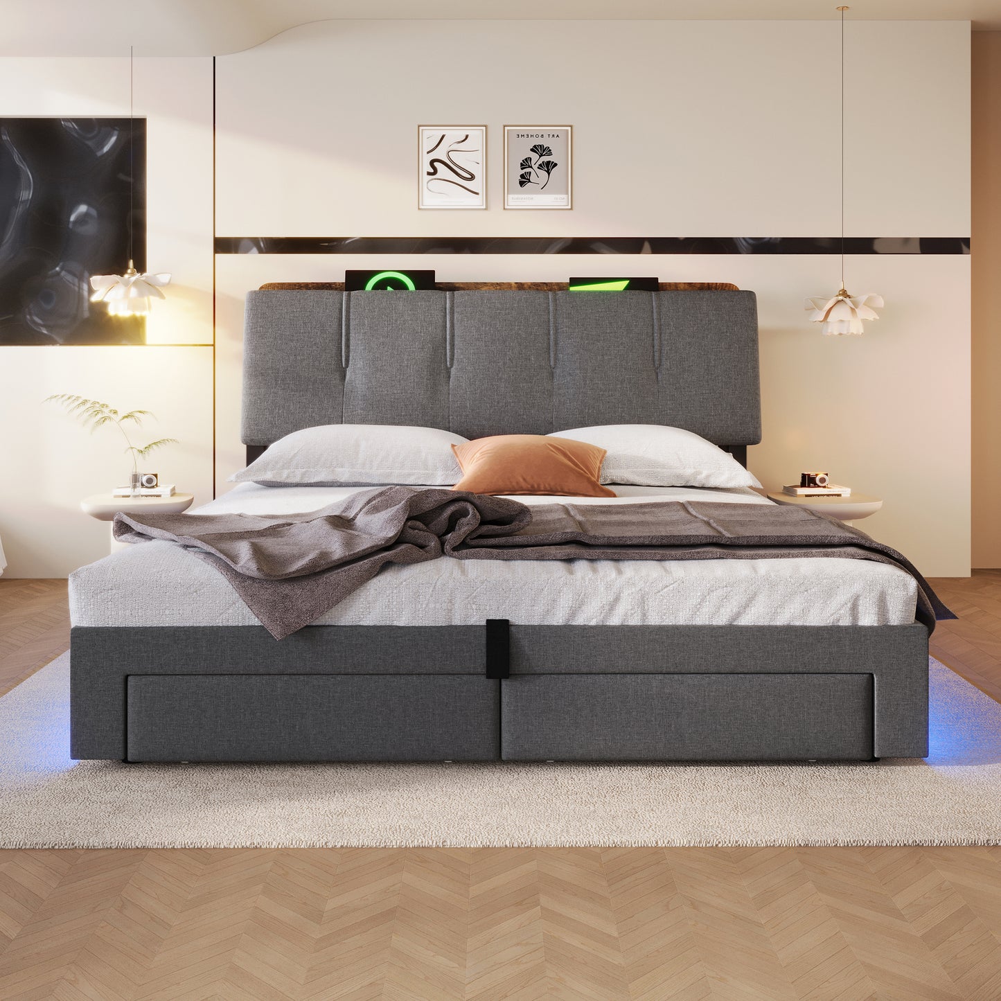 Upholstered Bed , 140x200 Cm, Hydraulic Storage, With USB Type-C Charging Function,Without Mattress,Multifunctional Storage, LED Lighting, Push-button Appdien, Linen, Grey
