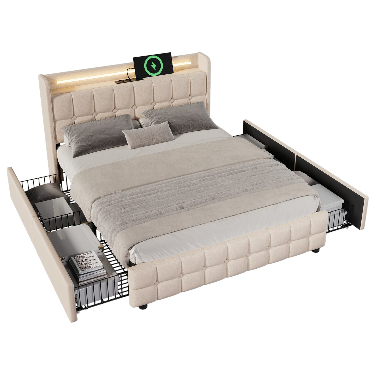 Upholstered Bed With Charging, USB Charging Function, Headboard And LED Lighting And 4 Drawers, Double Bed 160x200cm, Storage Beds, Bed Frame, Wooden Slatted Base, Beige Without Mattress