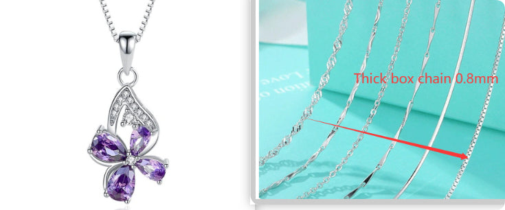 925 Sterling Silver Pendant Purple Diamond Butterfly Necklace Korean Style
