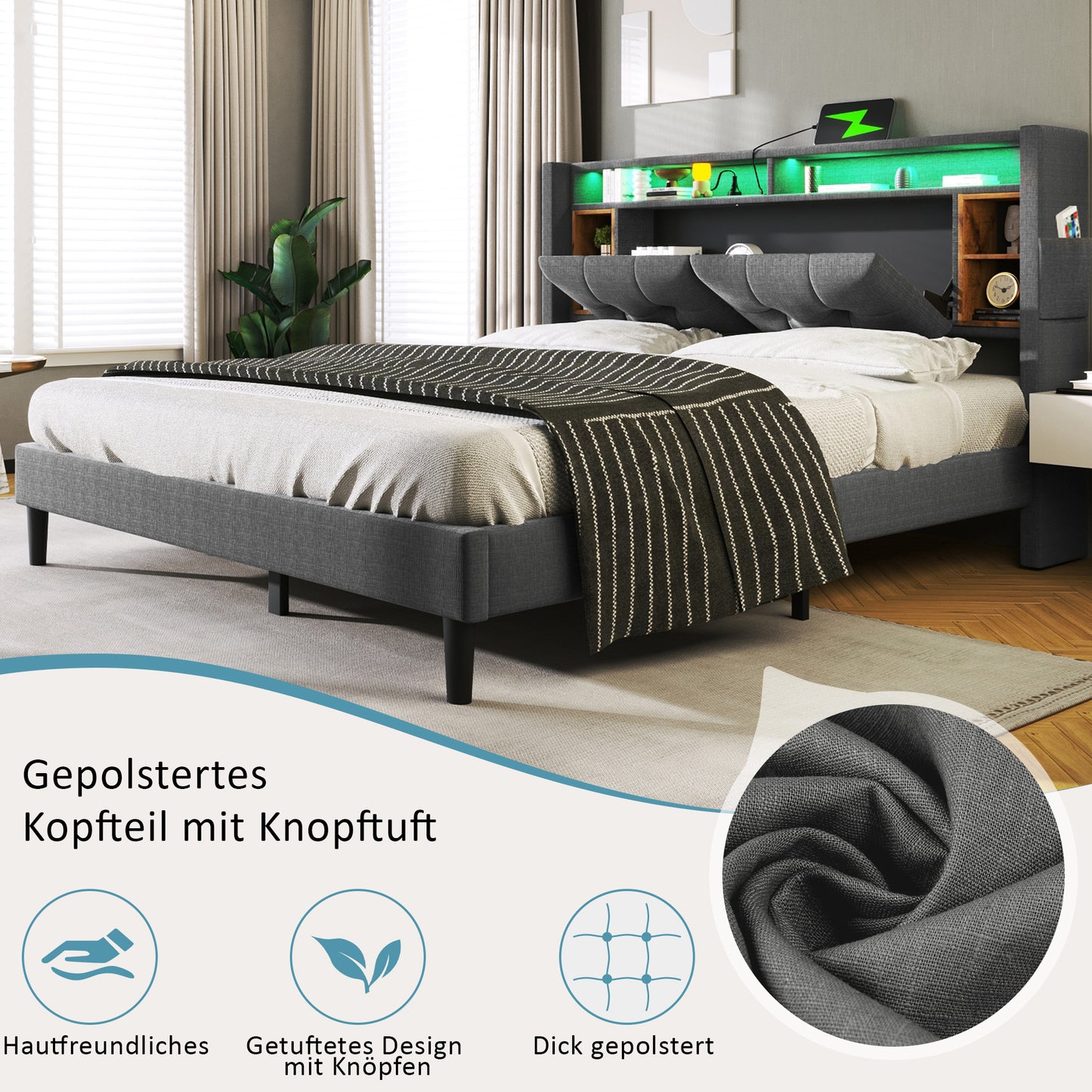 Upholstered Bed Double Bed Storage Headboard Bed With Charging USB And LED Lighting Bed Frame Wooden Slatted Frame,140x200CM Grey Without Mattress