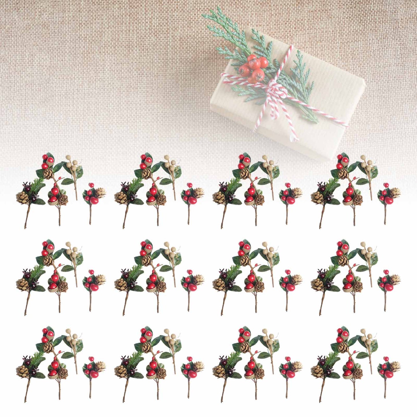 Artificial Flowers Red Berries Pine Cones For Gift Package Plastic Dried Flower Card Accessory For Wedding Party Decorations 12 Sets