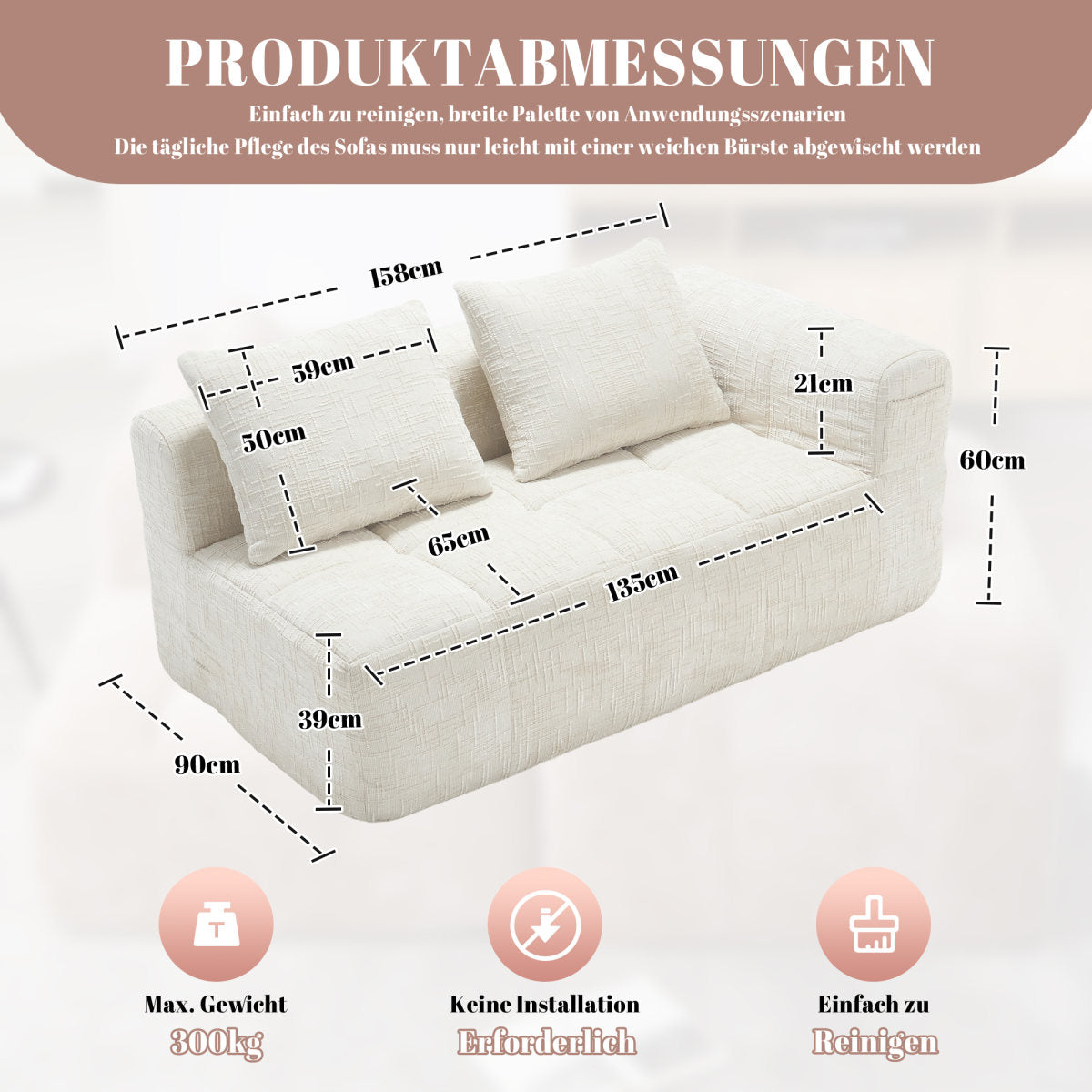 Comfortable Sofa For 2 People, No Assembly Required, Fluffy Sofa With A Cushion, Side Pockets For Remote Control And Mobile Phone, Neat And Stylish, Beige