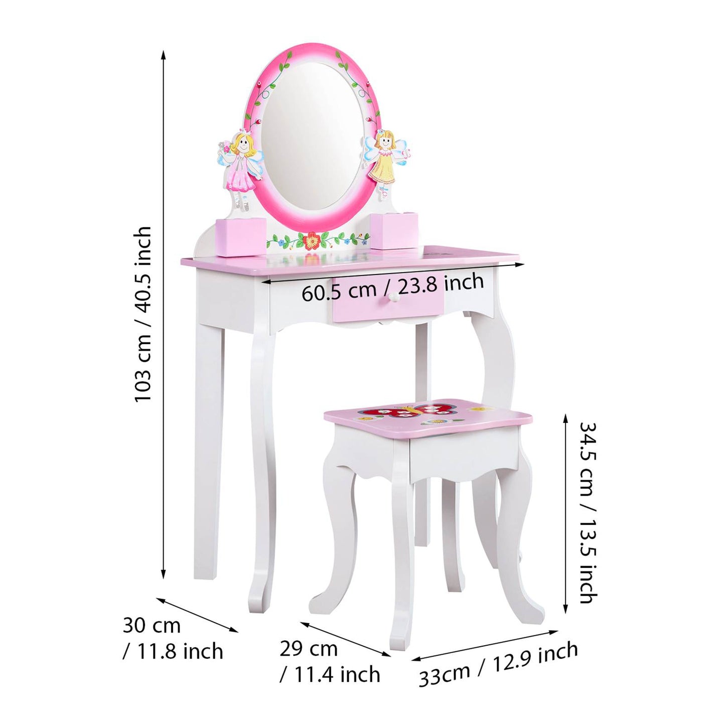 Kids Vanity Set Floral Printed Wooden Makeup Dressing Princess Table With Mirror And Stool For Role Playing Pink