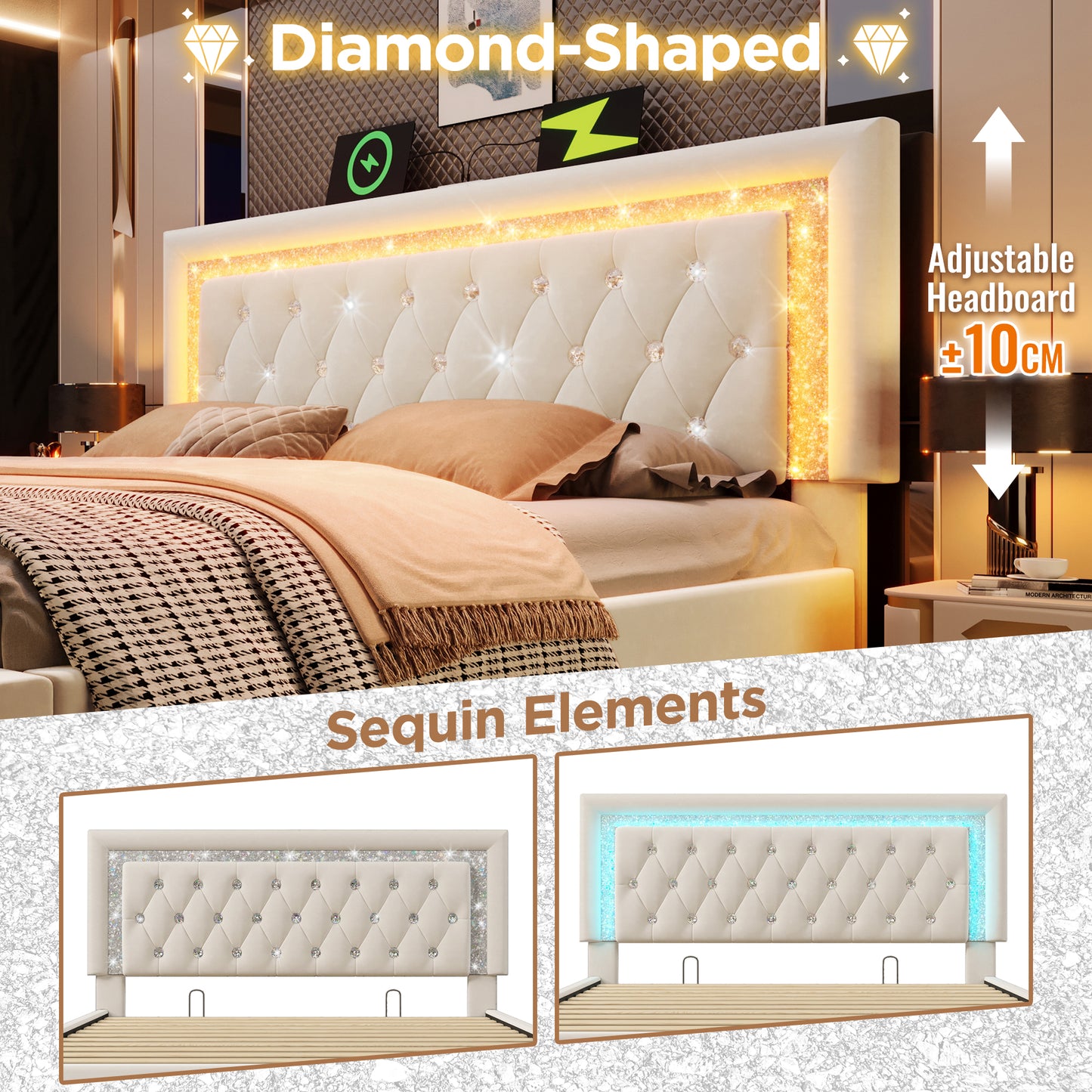 Upholstered Bed 150 X 200 Cm With LED Lighting, USB Type-C Charging, 5ft Hydraulic Storage Bed With Adjustable Diamond Tufted Headboard, Velvet, Beige No Mattress