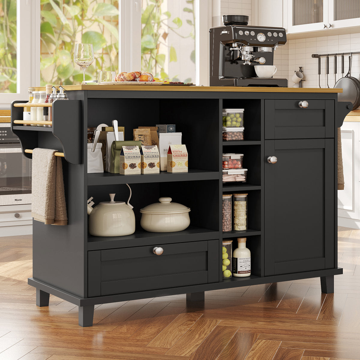 Dining Trolley 129 X 46 X 92 Cm, Modern And Simple Black Mobile Kitchen Dining Trolley With Drawers And Storage Cupboards, Light Brown Wooden Worktop, Suitable For Modern Families, Black