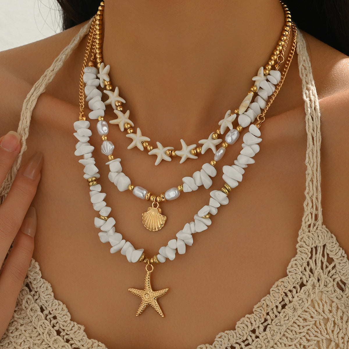 European American Cross-border Boho Women Necklace, Niche Clavicle Chain With Irregular Faux Pearl, Starfish & Shell Pendant, Versatile Daily Neck Accessories