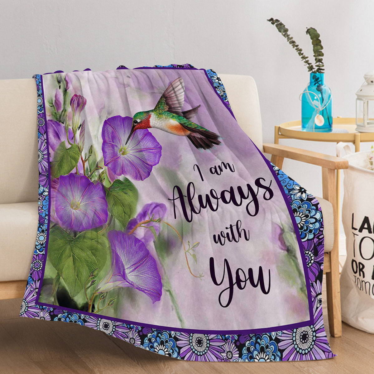 1pc Purple Morning Glory Hummingbird Print Flannel Blanket, Comfortable And Warm Home Throw For Bed, Sofa, Camping, And Multi-Scene Use With Seasonal Versatility