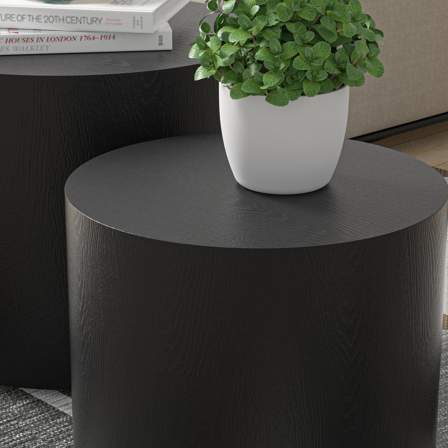 MDF With Ash Oak Walnut Veneer Side Table Coffee Table End Table Nesting Table Set Of 2 For Living Room,office,bedroom Black